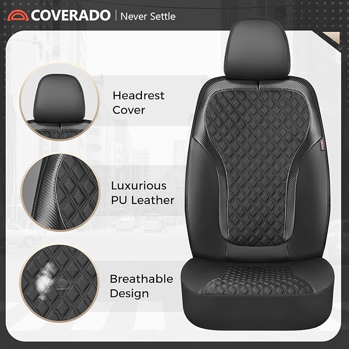 Coverado Seat Covers Full Set, Luxury Leather Car Seat Cover with Carbon Fiber Accents Design, Spill-Proof Durable Black Automotive Seat Covers, Front and Rear Seat Protectors Universal Fit Most Cars