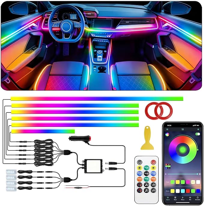 Interior Car LED Strip Lights,Acrylic LED Lights for Car with Dynamic Dreamcolor Chasing,175 inches 10 in 1 RGB Neon Strip Fiber Optic Ambient Lighting Kits with Remote APP,for Inside car Decorations