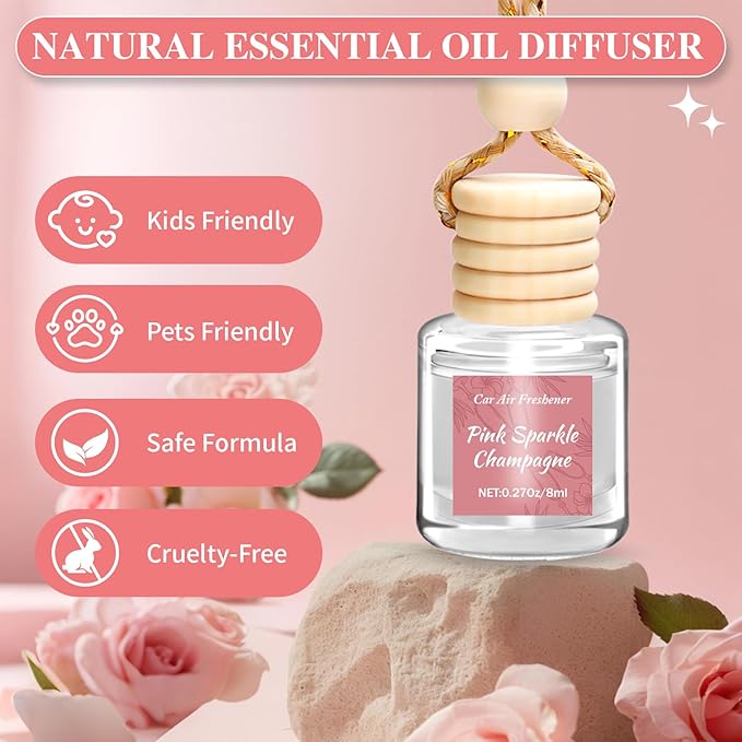 6 Pack Car Air Freshener, Long Lasting Natural Essential Oil Fragrance Diffuser - Pink Sparkle Champagne, Moonlit Gardenia & Nocturne Rose, Hanging Female Perfume Car Accessories Decor Gift