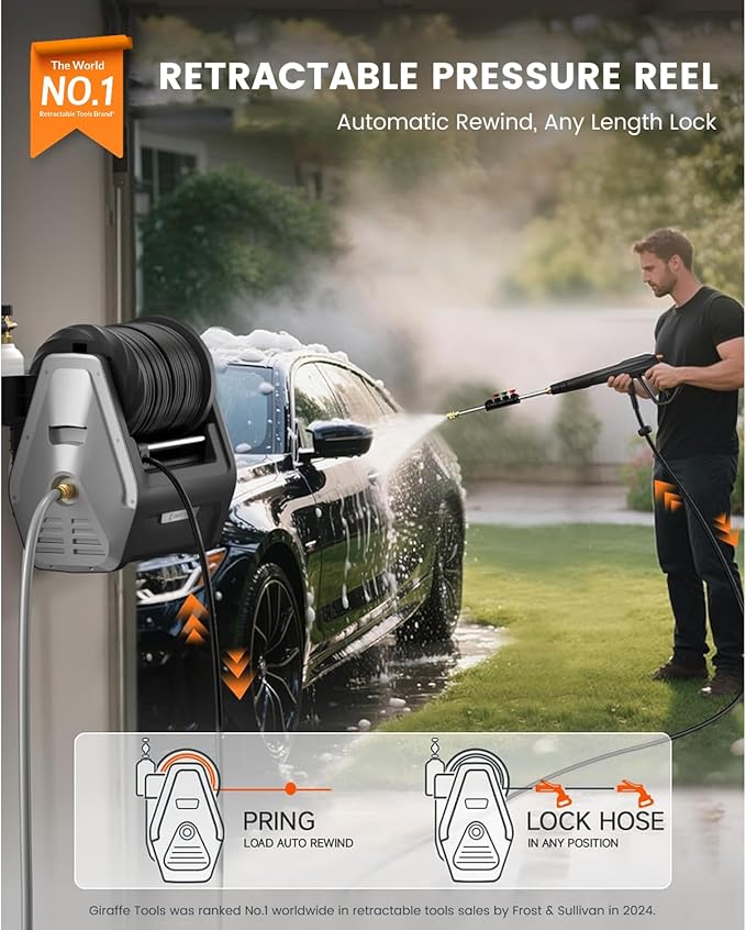 Giraffe Tools Wall Mounted Pressure Washer Essential with Upgraded 1800W Motor, 2900 PSI, 2.2 GPM Electric Power Washer, Automatic Rewind, 100ft Pressure Hoses, 5 Nozzles for Floor/Cars/Fences/Patios