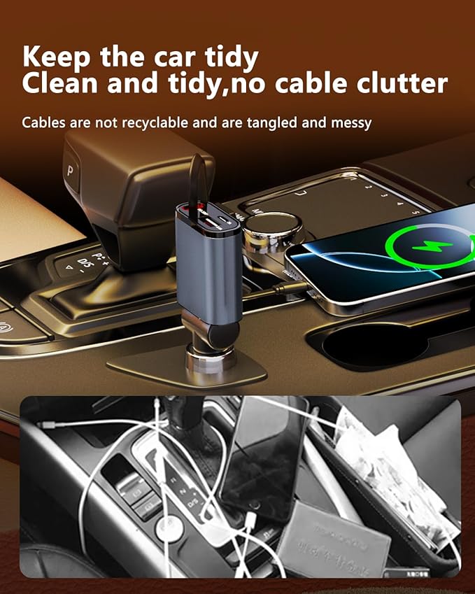 Retractable Car Charger, 3 in 1 Fast Car Phone Charger 50W, 1 TypeC Retractable Cables and USB Port,USB C Car Charger Compatible with iPhone 17/17 Pro Max/16/15/14/13/12/11,for Galaxy S25,Pixel 10