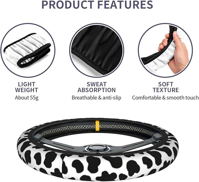 Cow Print Steering Wheel Cover - Cattle Print Steering Wheel Cover Anti-Slip Breathable Universal for with 2 Pieces Car Coasters Suitable for Men Women