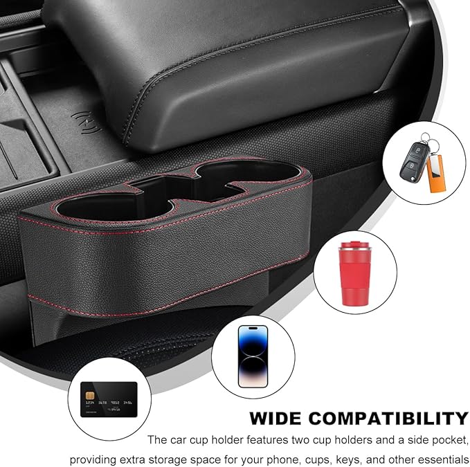 Car Seat Gap Filler Organizer, Multifunctional Auto Console Side Storage Box with Cup Holder, Universal PU Leather Cup Holder Front Seat Crevice Filler for Car Truck SUV (Black)
