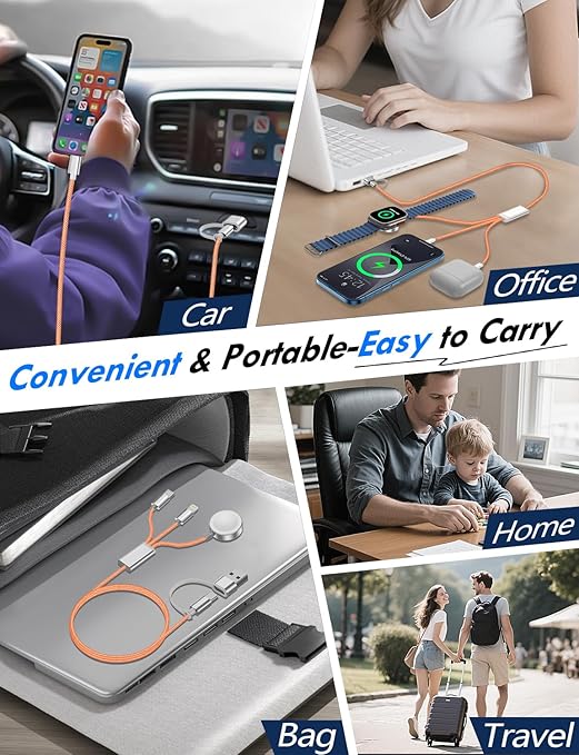 2Pack Multi Charging Cable Cord for Travel Essentials,Apple Watch Charger,iPhone Charger,[3-in-2] Type C/L Cable Portable Designed for iWatch,iPhone 17-8,Galaxy S25-21,AirPods,iPad-4FT Orange