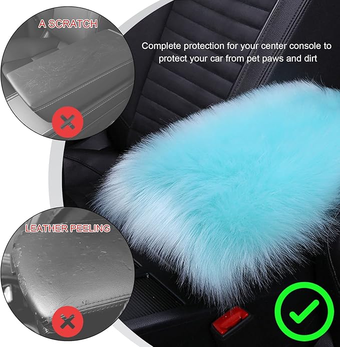 Center Console Cover, 11.81"×7.87" Automotive Fluffy Plush Center Armrest Protector, Universal Furry Comfortable Center Console Pad for Cars Trucks SUVs, Car Accessories (Light Blue)