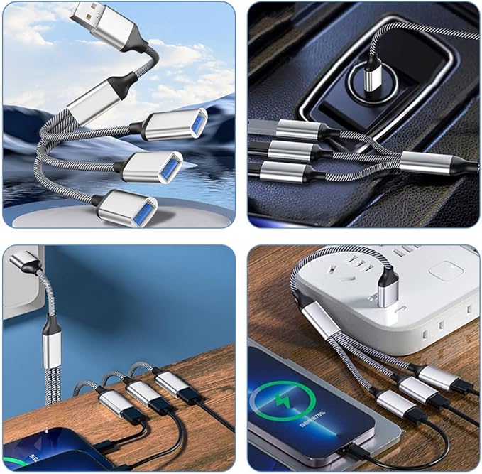 SHOWERORO Portable USB Splitter Cable Male to Female Multi-Function Hub for Laptop with Fast Data Transfer Compact Silver USB Power Expander
