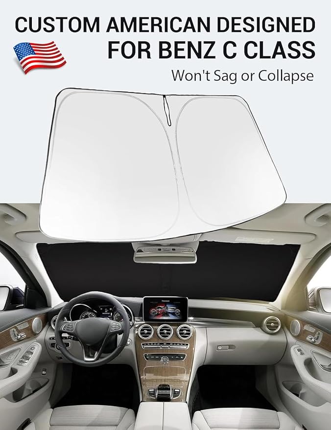 Proadsy 2026 Upgrade Windshield Sun Shade Custom Fit 2008-2014 C Class Foldable Front Sunshade Protector Sun Visor Blocks UV Rays Keep Car Cooler