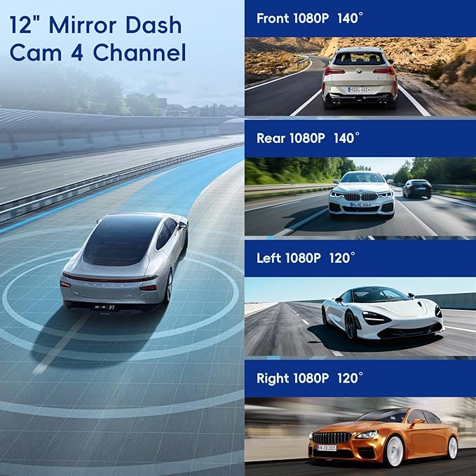 4 Camera System,10" AHD Mirror Rear View Dash Cam, Touch Screen Dash Cam with 128GB Card/Reverse line/WiFi/APP/1080P Night Vision for Car,Pickup,Truck,RV,Bus,SUV,MPV