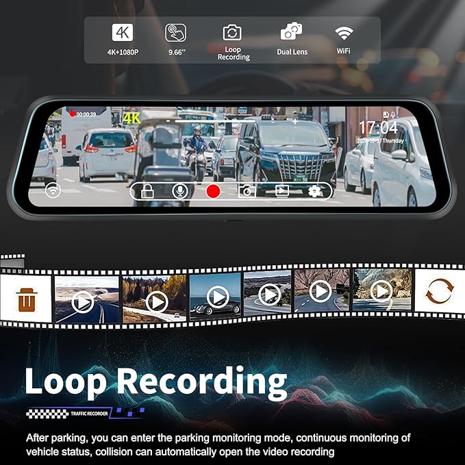 CAMECHO 4K Mirror Dash Cam Front and Rear, WiFi Rear View Mirror Camera, 9.66" Full Touch Screen, Dash Camera for Cars, Night Vision, G-Sensor, Loop Recording, Reverse Assist