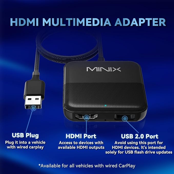 MINIX Car TV Mate Only for Cars with Factory Wired CarPlay Function HDMI Converter HDMI Multimedia Adapter for Fire TV Stick Gaming Laptop Switch Screen Throwers DVD Set-top Boxes 2.4GHz WiFi