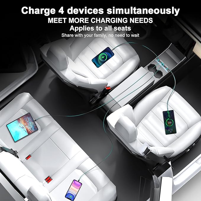 65W USB Hub for Tesla Model 3 Highland/Model Y Juniper 2024 2025 Waterproof - 4Ports Fast Charger Tesla Accessories for Tesla Phone Charger 2 Type-C Fast Charging Cables