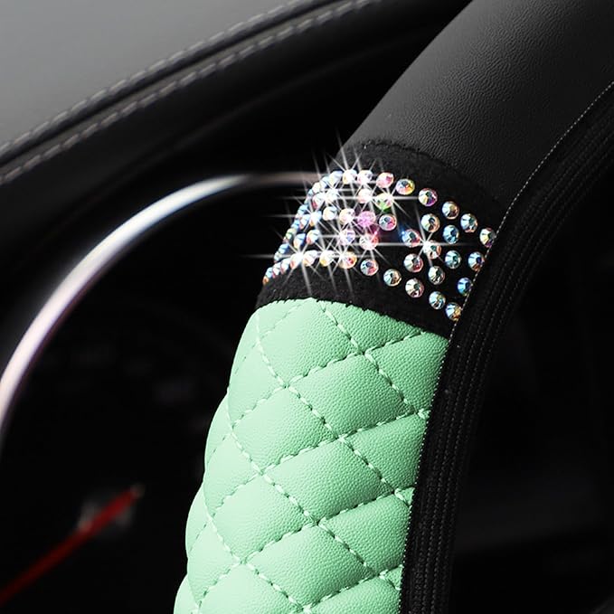 Bling Car Steering Wheel Cover, 15 Inch Rhinestones Soft Leather Elastic Steering Wheel Protector, Sparkly Crystal Diamond for Women Girls, Car Interior Accessories for Most Cars (Green)
