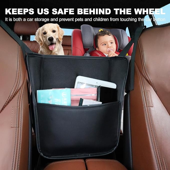 Car Purse Holder Between Front Seats PU Leather Bag Holder Above Armrest Box Child Barrier Front Seat Snack Organizer Bag Storage Auto Interior Accessories(Large Size)