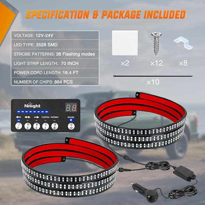 Nilight 2PCS 70 Inch Emergency Strobe Light Strip with Controller 864 LED Red Running Board Lights Flexible Side Flashing Warning Caution Safety Waterproof for Truck Construction Pickup