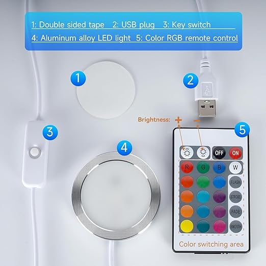 3PCS Remote Control RGB LED Lamp Kit 001 with Power Off Color Storage for Bambu Lab H2D/X1/P1P/A1 Includes Button Battery Makerworld 3D Printed DIY Hardware Model Spare Parts 5V USB Powered