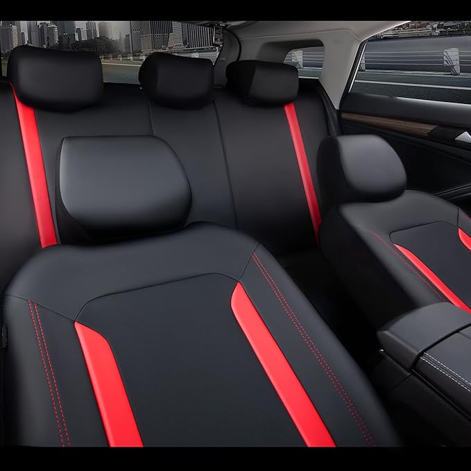 CAR PASS Universal Leather Car Seat Covers Full Set, Waterproof wear Durable Faux Leather Seat Covers 5 Seats Protector, Rear with Zipper, Airbag, Fit for SUV Pick-up Truck Vehicle Auto Black and Red