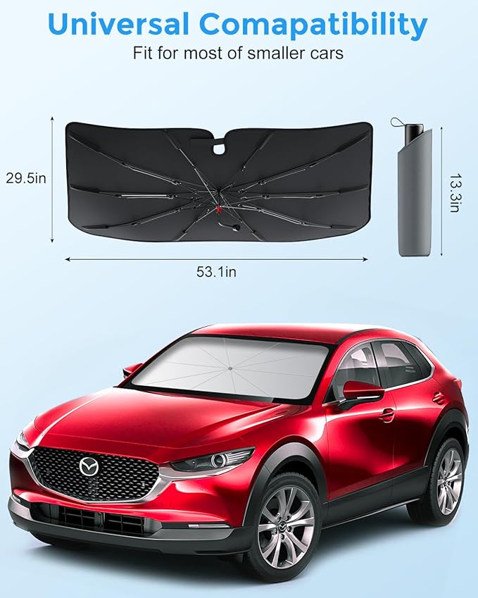 DMJN Umbrella Windshield Sun Shade - Small, Car Sunshade for Front Windshield [Nano Ice-Crystal Coatings] UPF50+ Heat & UV Block, Protect Interior & Keep Cooler Universal for Car, SUV, Truck