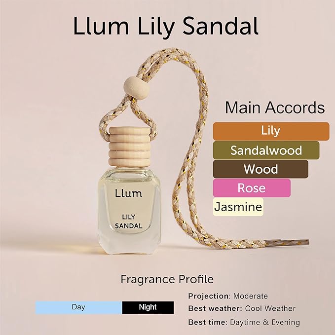 Llum Lily Sandal Hanging Car Air Freshener – Luxury Automotive Perfume Diffuser 10ml (0.34 fl oz), Long-Lasting Fragrance, Alcohol-Free Non-Toxic Car Scent, Glass Bottle With Wood Cap & AC Vent Clip
