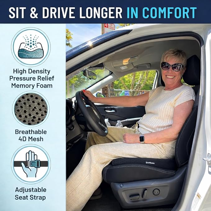 Car Seat Cushion, Extra Large Wedge Car Seat Cushion for Driving, Better Visibility, Pressure Relief Memory Foam for Sciatica & Tailbone Pain Relief, (Black Mesh)
