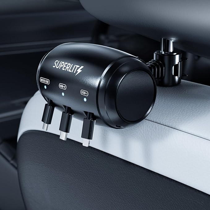 Superlit 3-in-1 Retractable Backseat Car Charger – Headrest Mount Charging Station for Uber, Lyft and Rideshare Drivers, Fast Multi USB Charging Device for Passengers Compatible with All Phones
