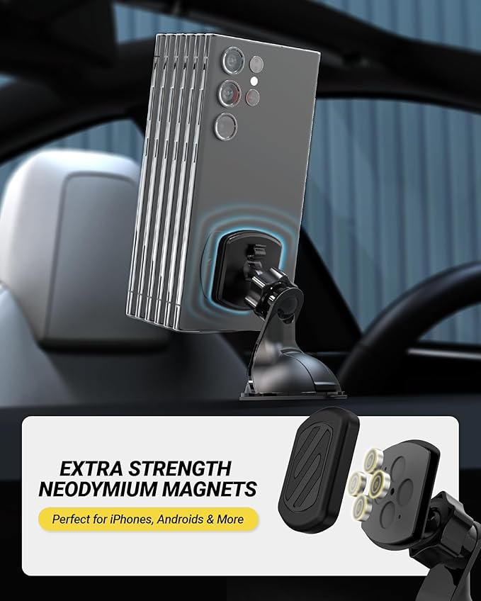 Scosche Extra Strength Suction Car Phone Mount, Magnetic Phone Holders for Your Car Windshield/Dashboard, Car Holder with 360° Rotation, Thick Metal Plate for iPhone and Android, Not MagSafe, 2-Pack