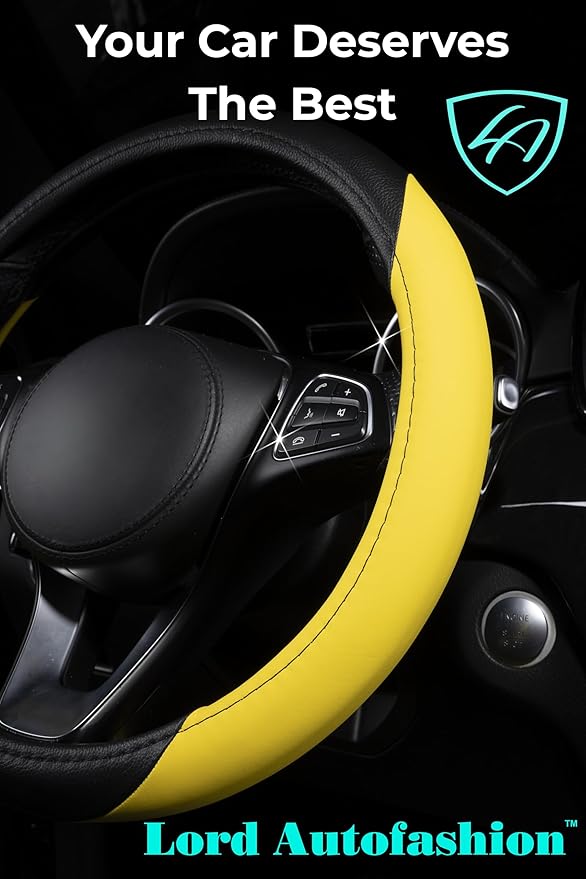 Lord Autofashion Steering Wheel Cover – PU Leather, Non-Slip Rubber Inner, All-Season Comfort – 14.5–15 Inch (Black/Yellow 7414)
