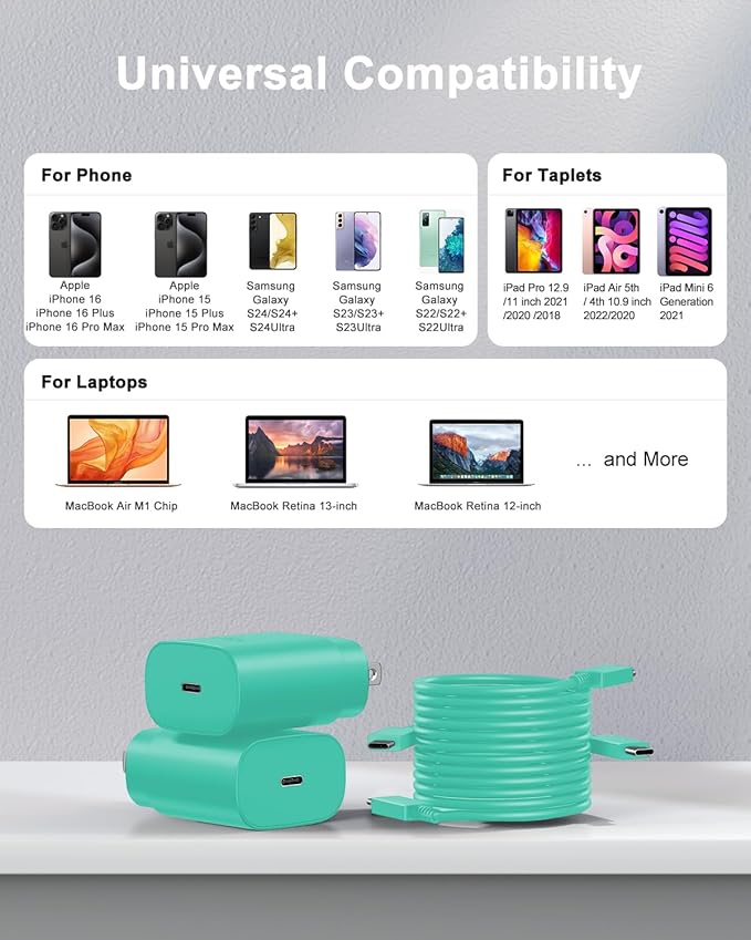 Type C Charger Fast Charging, 2Pack [10FT&6FT] Long USB C Cable with 25W Phone Super Fast Charger Block Compatible with Galaxy S25/S24/Plus/Ultra,iPhone 15/16/17/Air/Plus/Pro Max