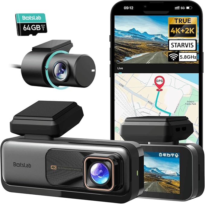 BOTSLAB 4K Dash Cam Front and Rear, 64GB SD Card Included, 170° Ultra Wide 4K+2K Dashcam with ADAS, Night Vision, 24/7 Parking Mode, IMX415 STARVIS Sensor, WDR, 5.8GHz WiFi,Built-in GPS,Loop Recording