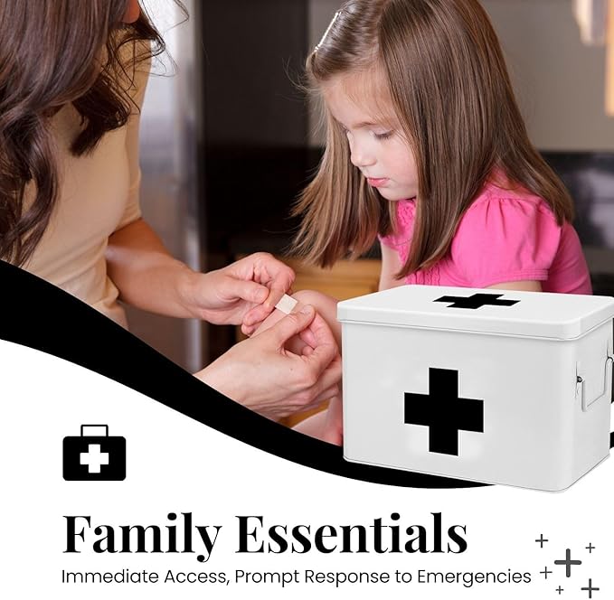 Flexzion First Aid Box Organizer Empty 13" White Vintage First Aid Kit Tin Metal Medical Box - First Aid Storage Box Container Bins with Dividers, Removable Tray and Black Cross Logo