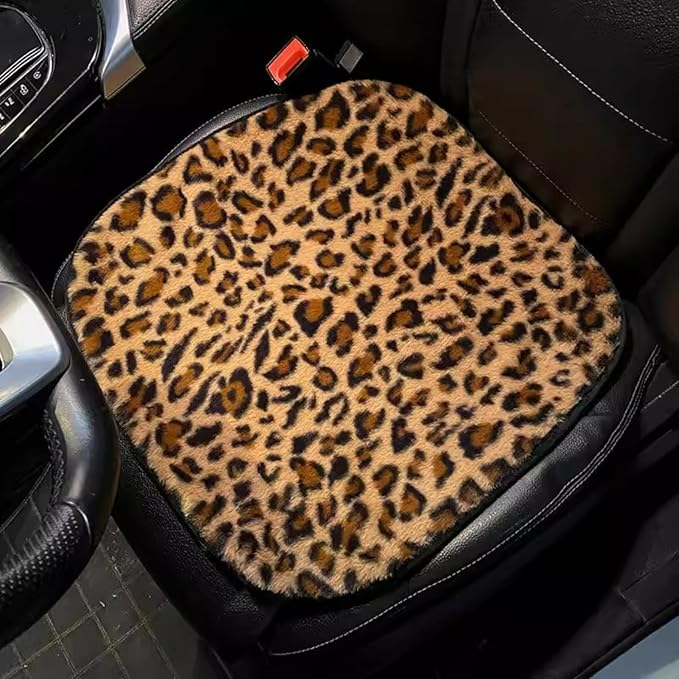 Leopard Print Car Seat Covers Fluffy Front Rear Car Seat Covers Set Lumbar Support Pillow Car Accessories for Women (backrest) (Front seat Cover)