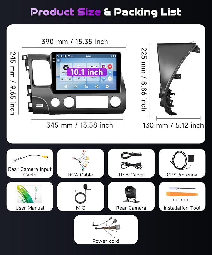 [4+128G] Android 15 Car Radio Stereo for Honda Civic 2006-2011 with Wireless CarPlay & Android Auto, 10.1 Inch in-Cell Screen Car Auido with AHD Backup Camera GPS WiFi FM RDS Radio EQ SWC