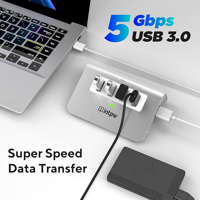 intpw USB 3.0 Hub, Aluminum 4 Port USB Data Hub 3.0 Port Extender Multiport Adapter with 3.3ft Cable ，USB Splitter for Laptop, PC/Xbox/Flash Drive/Printer/Camera/Keyborad/Mouse