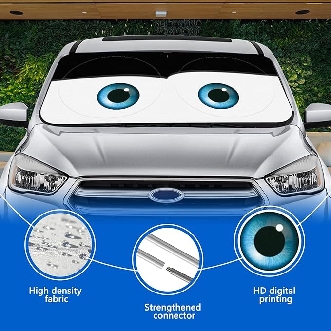 Car Windshield Sun Shade, Funny Eyes Sun Visor for Car Windshield, Wear-Resistant Black Tape, Foldable 59‘’x27.5‘’/63''x31.5''