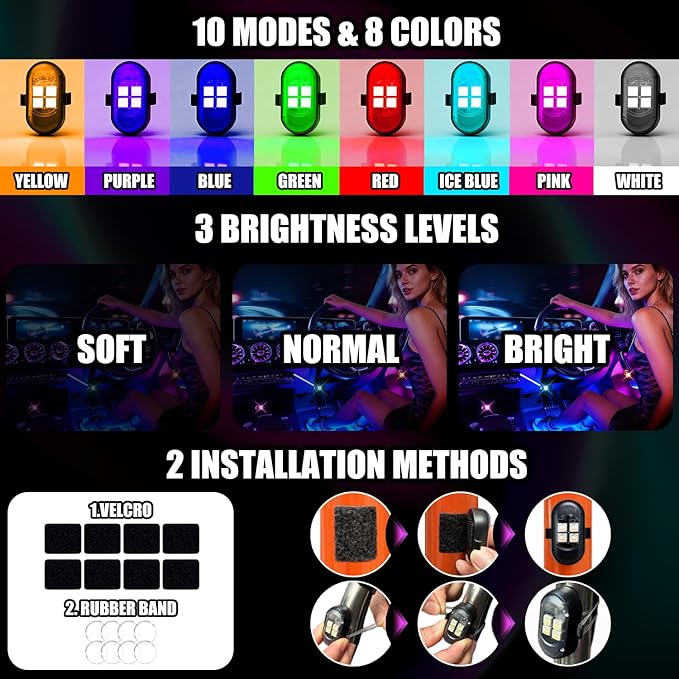 Upgraded Wireless LED Lights for Car, Rechargeable Interior Car Lights with 8 Colors Brightness Adjustable, 12H Battery Life, Remote Control, Mini Strobe Lights for Vehicle Motorcycle Bike Decor