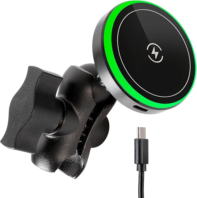 Magnetic Wireless Charging Phone Holder Base for RAM Mounts, 1" (25mm) Ball Mount with Short Aluminum Arm, Compatible with Magsafe iPhone 17/16/15/14/13/12 Series