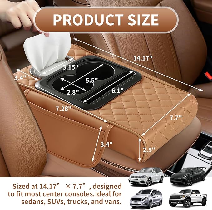 5-in-1 Car Armrest Cushion, Multifunctional PVC Leather Center Console Armrest Pillow Elbow, Universal Arm Box Pad Cover with Cup Holder, Phone Slot, Tissue Box Slot & 2 Storage Bags, Orange