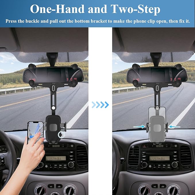 Car Phone Holder Mount, Rear View Mirror Phone Holder, Rotatable and Retractable Phone Holders for Your Car Compatible with iPhone Samsung All 4-7 Inch Cell Phones