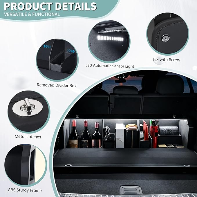 Car Trunk Organizer, Leather Trunk Organizer with LED Light Car Storage Box with Lid and Push-pull Handle Organizer Trunk Storage for SUV, Trunk, Minivan (Black, 42.9 x 11.4 x 12.2in)