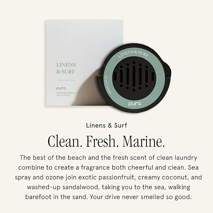 Pura Car Scent Refill - Fragrance for Pura Car Diffuser - Clean & Safe Luxury Diffuser Scent - Long-Lasting Fragrance for 30 Days of Aroma - Linens & Surf