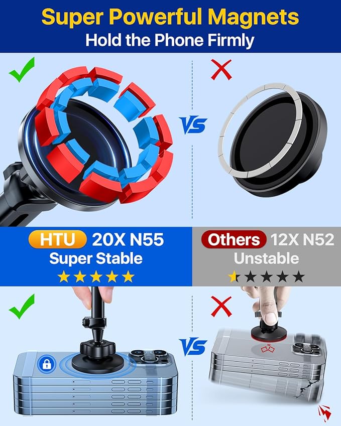 【Military-Grade】HTU for MagSafe Car Mount【Upgraded Strongest Suction】Magnetic Phone Holder Cell Stand for Dashboard Windshield Vent,Truck Cradle for iPhone 17 Pro Max 16 15 14 13 12 Tesla,Silver Gray