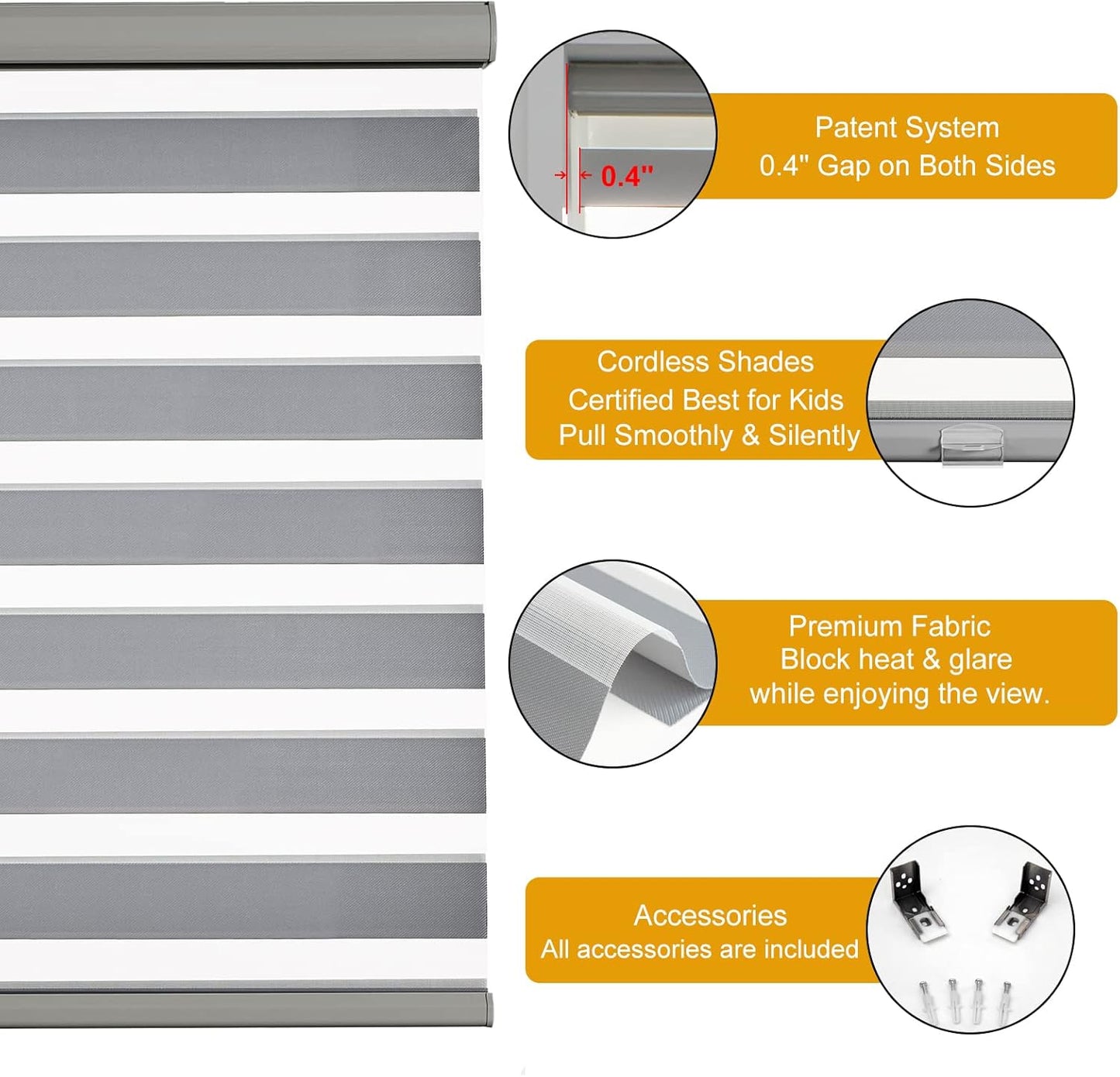 Persilux Cordless Zebra Blinds for Windows Free-Stop Window Shades (27" W X 72" H, Grey) Dual Layer Light Control for Day and Night, Light Filtering Sheer Shades for Home, Easy to Install