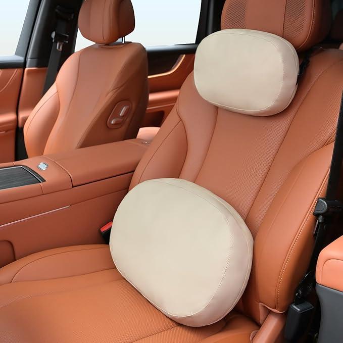 FLORICH Double-sided Car Headrest & Lumbar Support Cushion Skin-friendly Suede & Leather Car Seat Pillow and Back Support Soft Neck & Tailbone Cushion for Car Office Chair Neck Back Pain Relief, Beige