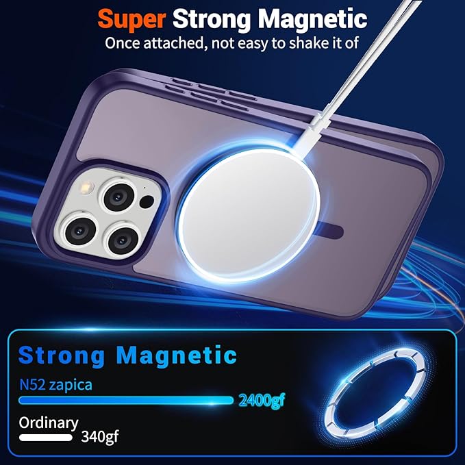 SUPFINE Magnetic for iPhone 15 Pro Max Case (Compatible with MagSafe) (Military Grade Drop Protection) Slim Translucent Matte Shockproof with Anti-Fingerprint Phone Case, Dark Purple
