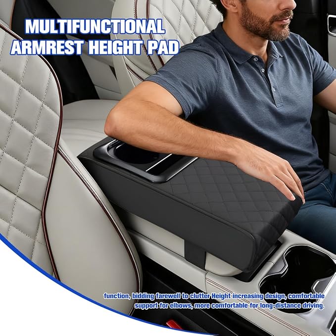 Car Center Console Armrest Pillow, Vehicle Armrest Seat Box Cushion Pad with Cup Holder & Phone Holder, Comfortable Auto Middle Console Cover, Universal for SUV RV Truck (Diamond, Black)