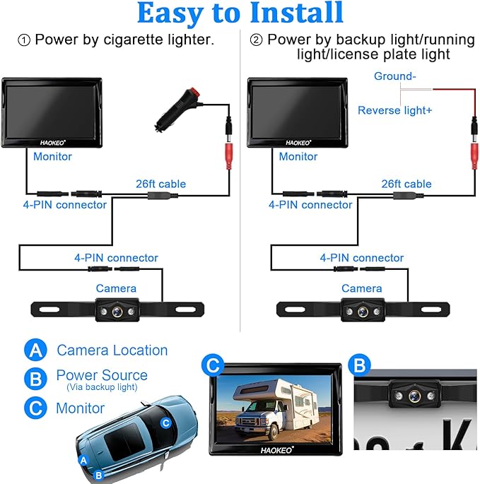 Backup Camera for Truck 5 Inch 1080P Front Rear View Monitor kit Auto Color Image Night Vision, Plug & Play,IP69 Waterproof Grid Lines for Car/RV/Tractor/Semi-Trailers/Pickup H11