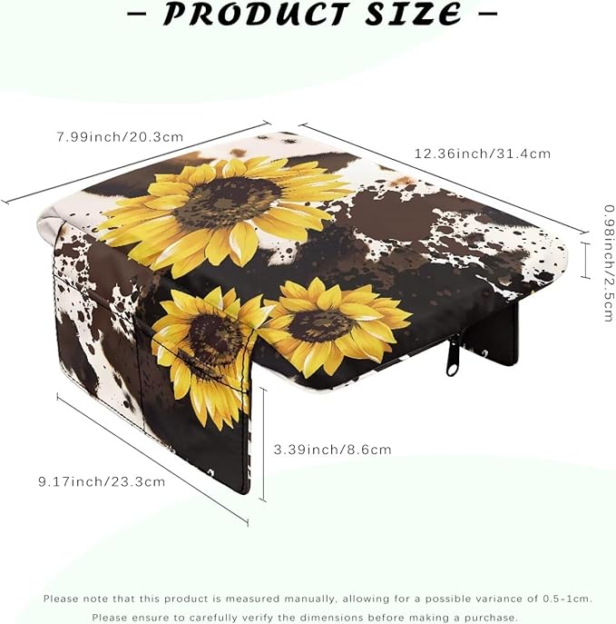 Wanyint Sunflower Brown Cow Print Auto Center Console Cover Non-Slip Armrest Cover Cushion Protector Wear-Resistant Arm Rest Cushion Protective Cover Universal Fit for Car Seat Organizer
