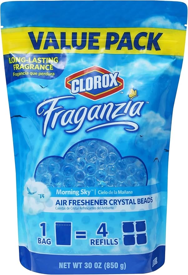 Clorox Fraganzia Crystal Beads Air Freshener, Long Lasting Room Deodorizer and Odor Eliminator Gel Beads to Freshen Home, Car, or Office, Morning Sky Scent, 30 Fl Oz Resealable Pouch