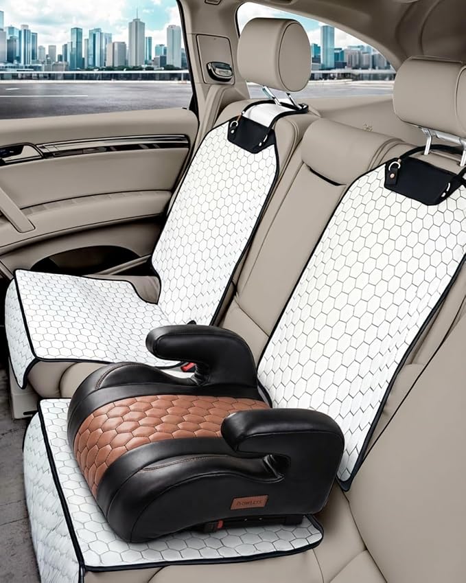 Owleys Set Seat Back Organizer & Car Seat Protector Hexy Waterproof & Non-Slip Protector for Child Car Cushion for Leather and Fabric Seats (White)