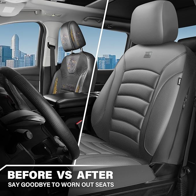CAR PASS 3D Foam PU Leather Car Seat Covers, Universal Seat Covers Front 2 for Trucks SUV Sedan Automotive Seat Covers Armrest Airbag Compatible Waterproof Comfortable Faux Nappa Leather All Gray