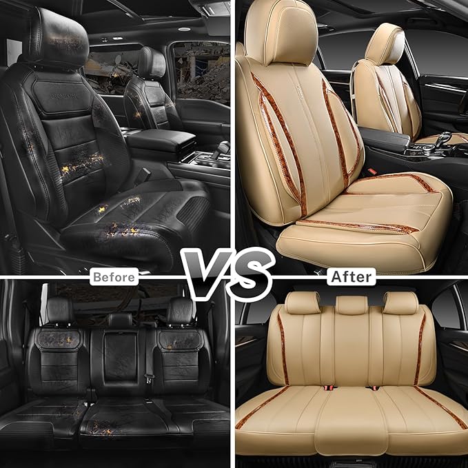 CAR PASS Beige Leather Car Seat Covers, Breathable Waterproof Nappa Automotive Seat Covers Full Set, Anti-Slip Driver Seat Cushion with Backrest Universal Fits SUV Pick-up Truck Sedan, Wood Grain